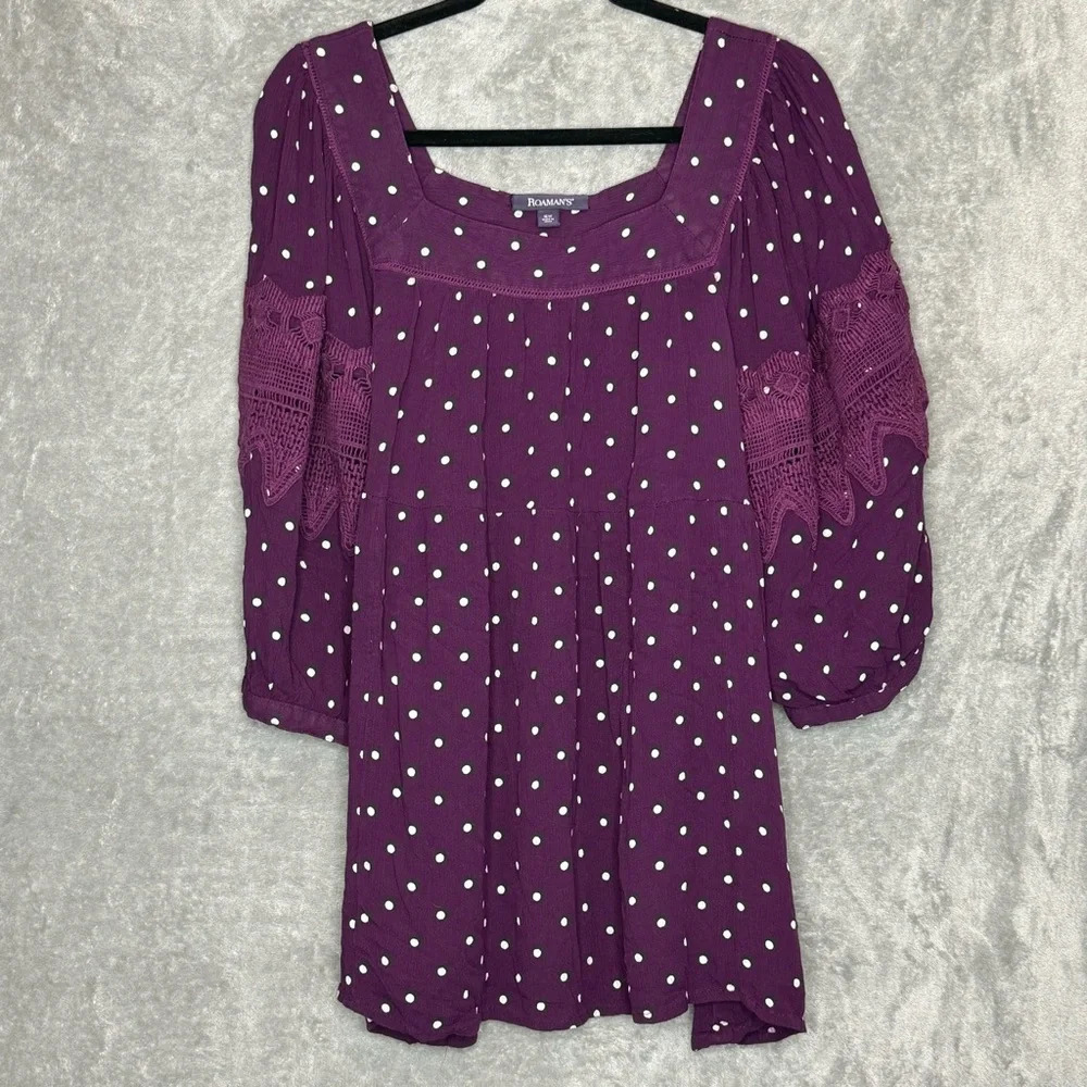 Roamans 16W 1X Shirt Top‎ Purple Polka Dot Puff Short Sleeve Square Neck Knit